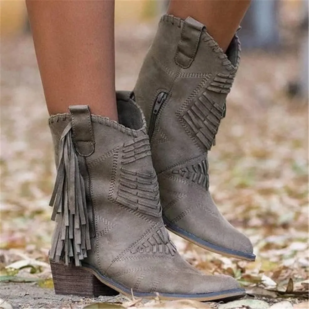 OMEARK Ladies Tassel Ankle Boots, Vintage Chunky Block Heel Western Leather Short Booties, Winter Pointed Toe Retro Keep Warm Flat Heel Western Chelsea Booties Shoes