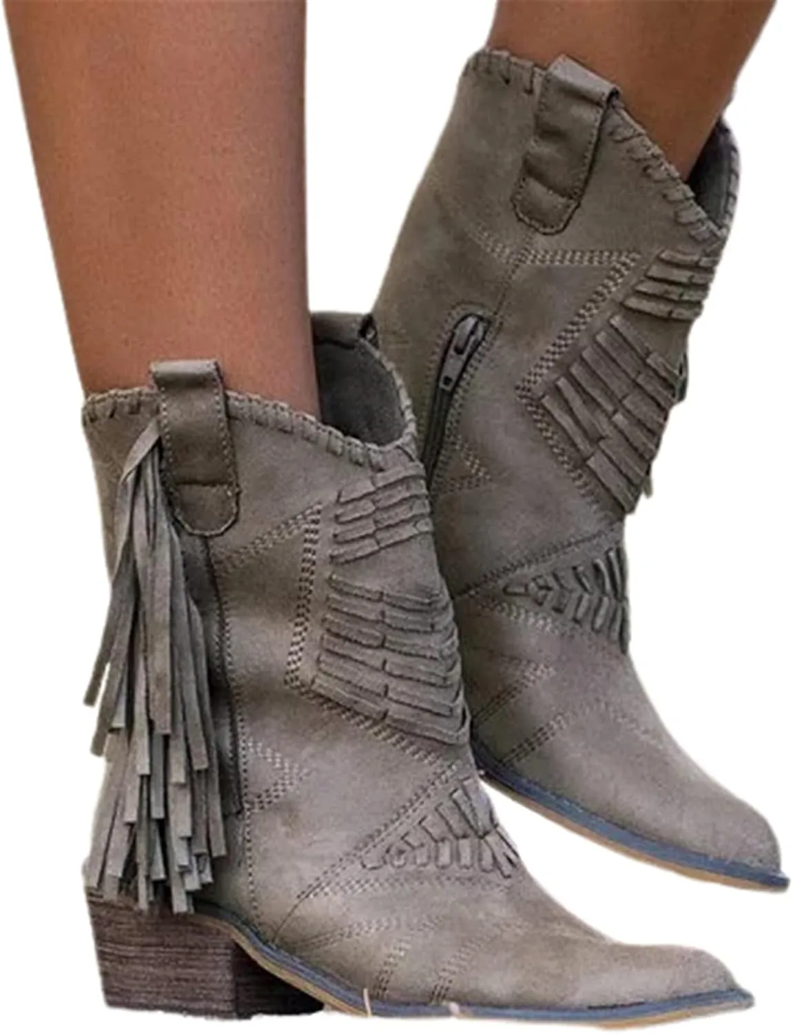 OMEARK Ladies Tassel Ankle Boots, Vintage Chunky Block Heel Western Leather Short Booties, Winter Pointed Toe Retro Keep Warm Flat Heel Western Chelsea Booties Shoes