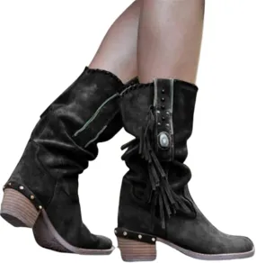 Round Toe Western Cowboy Boots Womens Low Chunky Heel Booties Shoes Retro Casual Fashion Short Ankle Boots with Fringe Breathable Non-Slip Work Boots