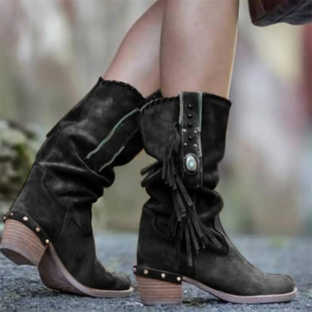 Round Toe Western Cowboy Boots Womens Low Chunky Heel Booties Shoes Retro Casual Fashion Short Ankle Boots with Fringe Breathable Non-Slip Work Boots