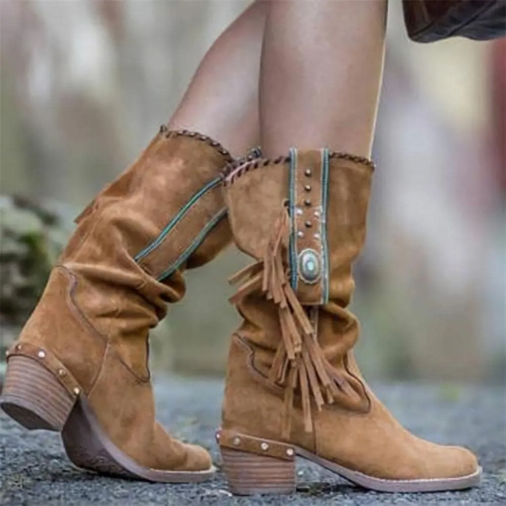 Round Toe Western Cowboy Boots Womens Low Chunky Heel Booties Shoes Retro Casual Fashion Short Ankle Boots with Fringe Breathable Non-Slip Work Boots