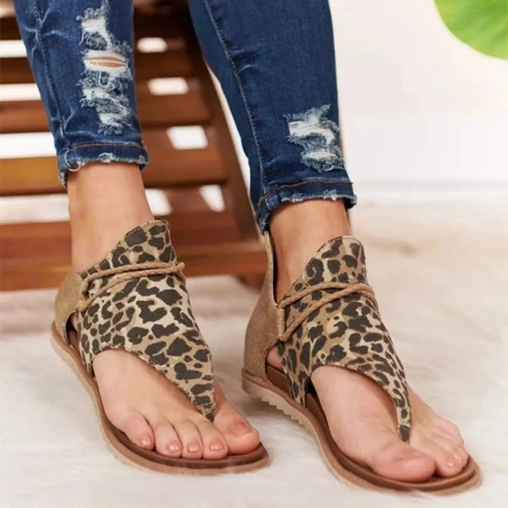 Sandals for Women Flat,Summer Sandals Ladies Fashion Leopard/Zebra/Snake Pattern Flat Heel Slip Ons Sandals with Zipper