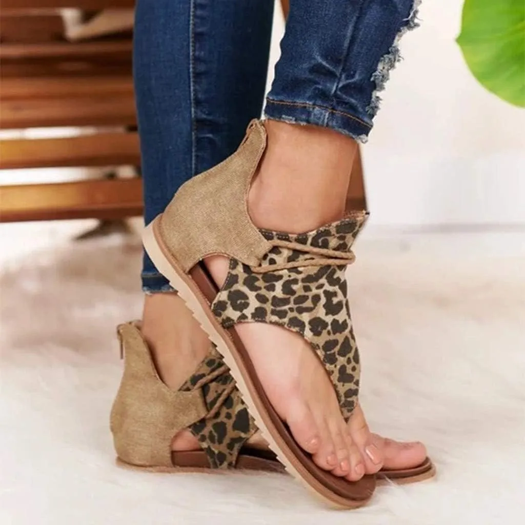 Sandals for Women Flat,Summer Sandals Ladies Fashion Leopard/Zebra/Snake Pattern Flat Heel Slip Ons Sandals with Zipper
