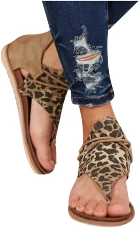 Sandals for Women Flat,Summer Sandals Ladies Fashion Leopard/Zebra/Snake Pattern Flat Heel Slip Ons Sandals with Zipper