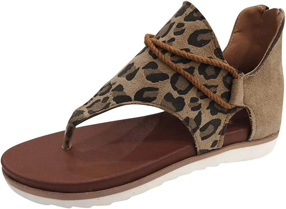 Sandals for Women Flat,Summer Sandals Ladies Fashion Leopard/Zebra/Snake Pattern Flat Heel Slip Ons Sandals with Zipper