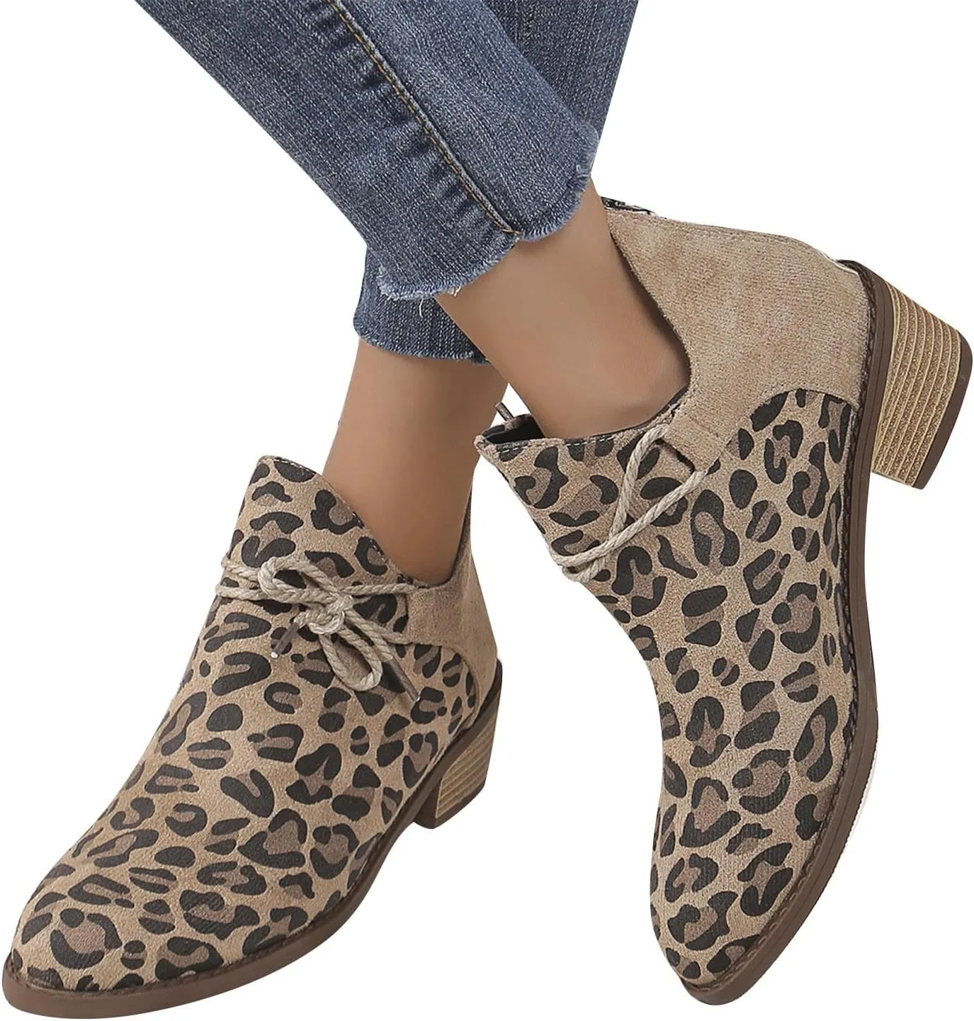 Sinzelimin Cowboy Boots Women Trendy Leopard Print Casual Ankle Boots Lace up Chunky Heel Pointed Toe Mid-Calf Booties Shoes