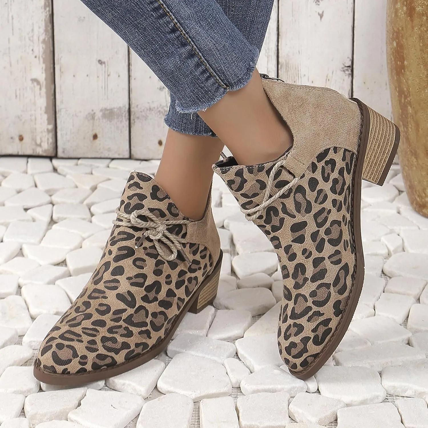 Sinzelimin Cowboy Boots Women Trendy Leopard Print Casual Ankle Boots Lace up Chunky Heel Pointed Toe Mid-Calf Booties Shoes