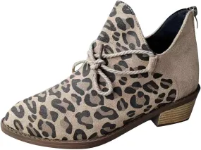 Sinzelimin Cowboy Boots Women Trendy Leopard Print Casual Ankle Boots Lace up Chunky Heel Pointed Toe Mid-Calf Booties Shoes