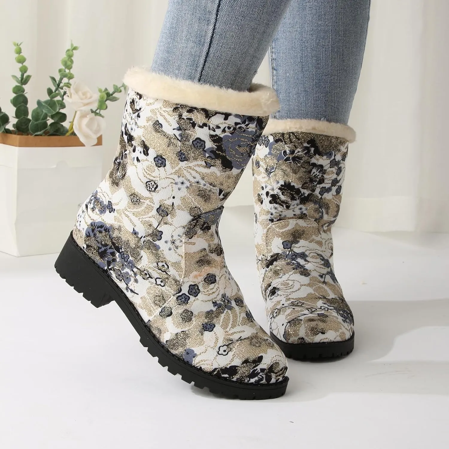 Snow Boots for Women Platform Boots for Women Comfy Trendy Large Size Chunky Heel Padded Printed Warm Casual Snow Boots