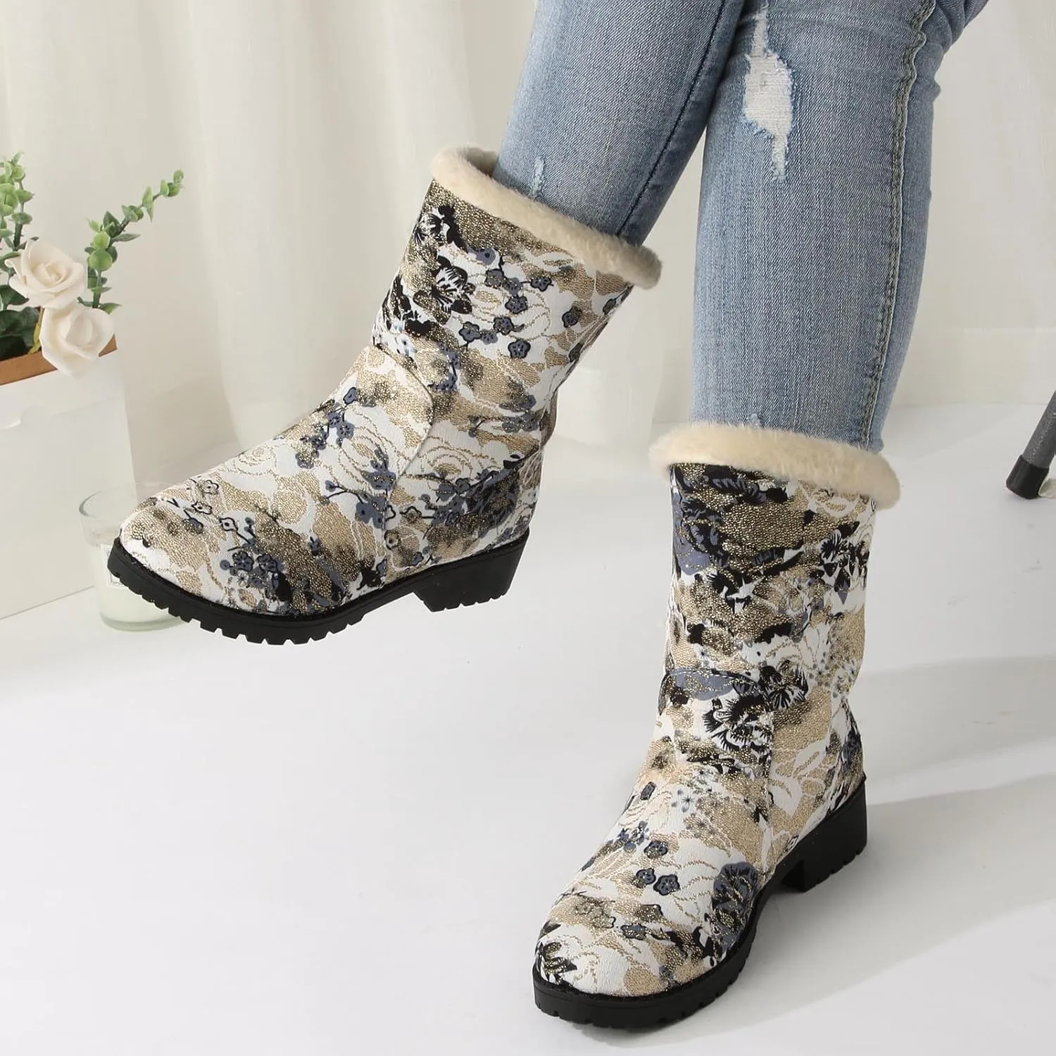 Snow Boots for Women Platform Boots for Women Comfy Trendy Large Size Chunky Heel Padded Printed Warm Casual Snow Boots