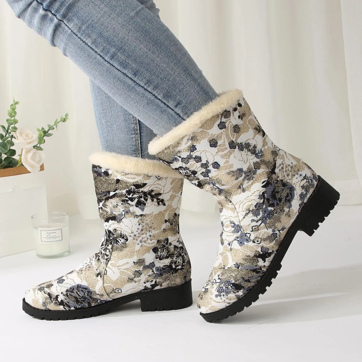 Snow Boots for Women Platform Boots for Women Comfy Trendy Large Size Chunky Heel Padded Printed Warm Casual Snow Boots