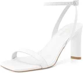 Strappy Heels for Women Block Chunky High Heels Square Toe Ankle Buckle Sandals