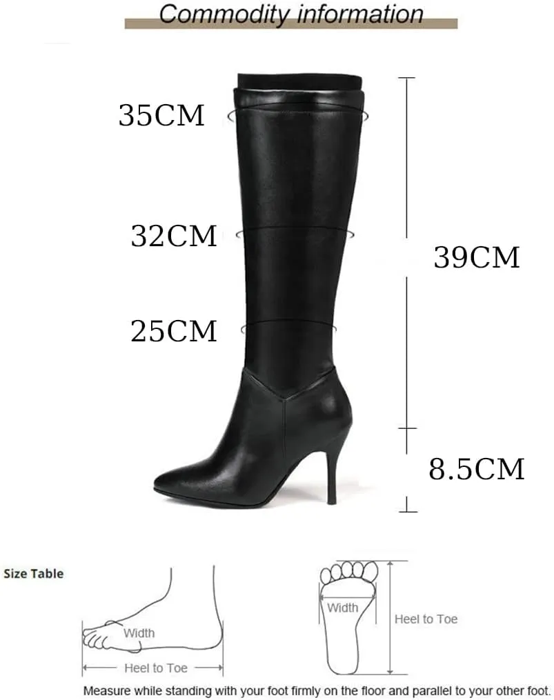 VULTRO Women's Knee High Boots PU Leather Pointed Toe Side Zipper Stiletto High Heels Dress Booties