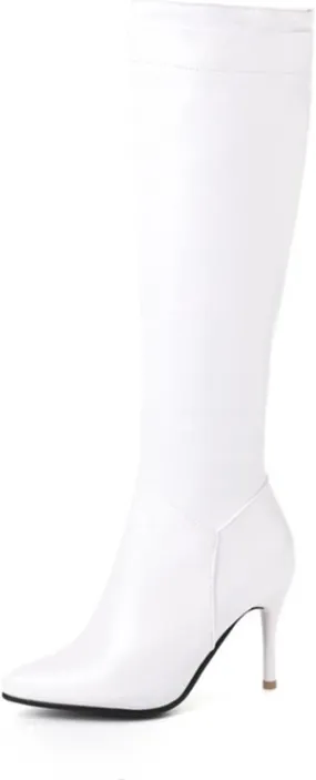 VULTRO Women's Knee High Boots PU Leather Pointed Toe Side Zipper Stiletto High Heels Dress Booties