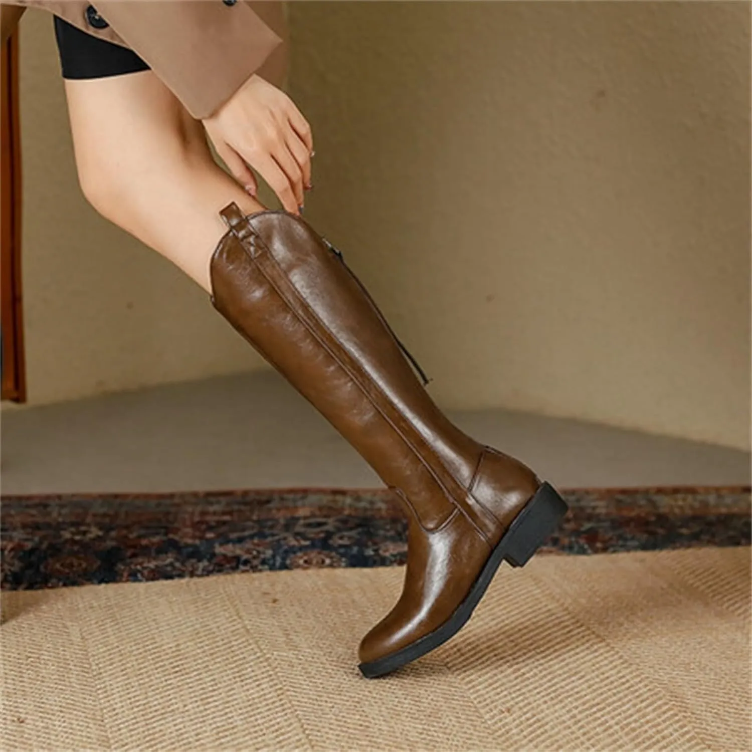 Women Knee High Boots Low Block Boots for Womens Heel Riding Boots Round Toe Side Zipper Biker Motorcycle Boots