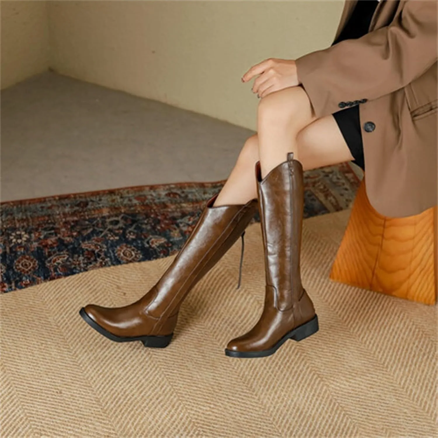 Women Knee High Boots Low Block Boots for Womens Heel Riding Boots Round Toe Side Zipper Biker Motorcycle Boots