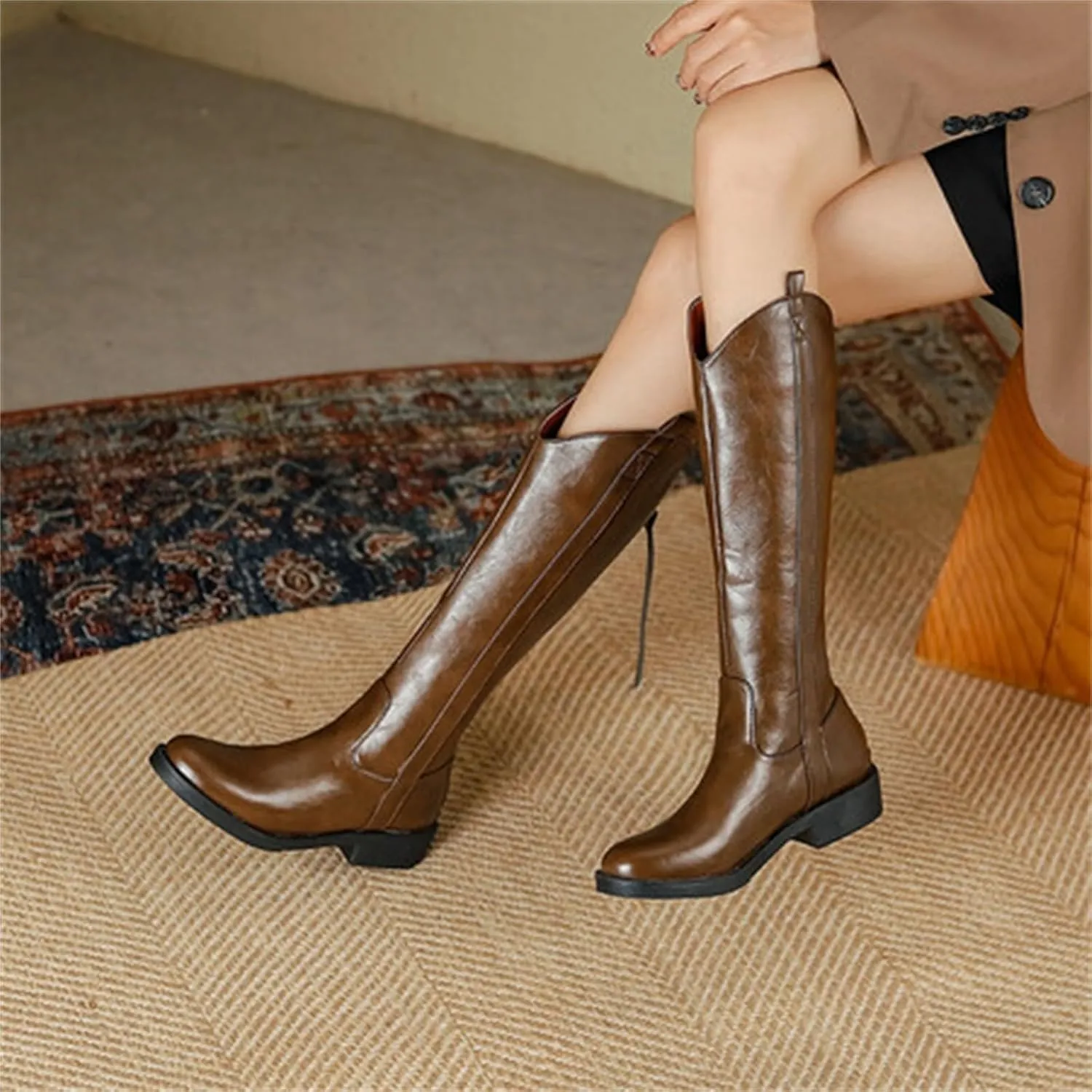 Women Knee High Boots Low Block Boots for Womens Heel Riding Boots Round Toe Side Zipper Biker Motorcycle Boots