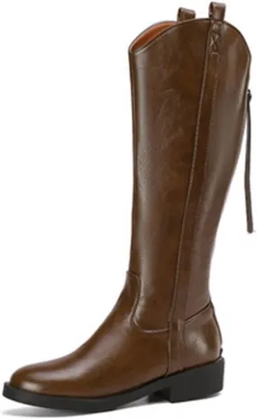 Women Knee High Boots Low Block Boots for Womens Heel Riding Boots Round Toe Side Zipper Biker Motorcycle Boots