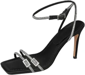 Women Strappy Sparkly Rhinestone Square Toe Pumps Shoes Summer Fashionable Black Sandals Daily Business Office Stiletto High Heels