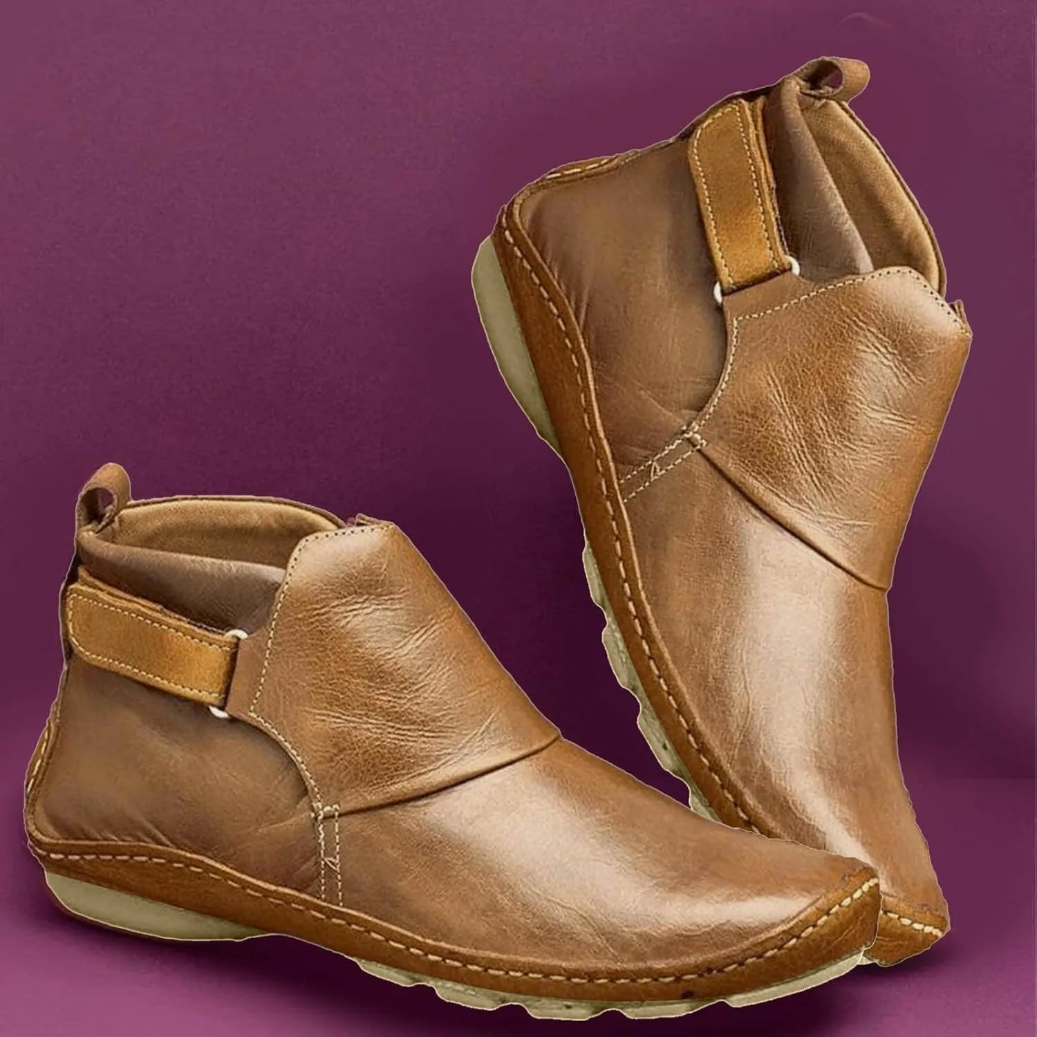 Women Vintage Ankle Boots Low Wedge Heel Booties Western Cowboy Short Boot Shoes PU Slip On Lug Sole Bootie