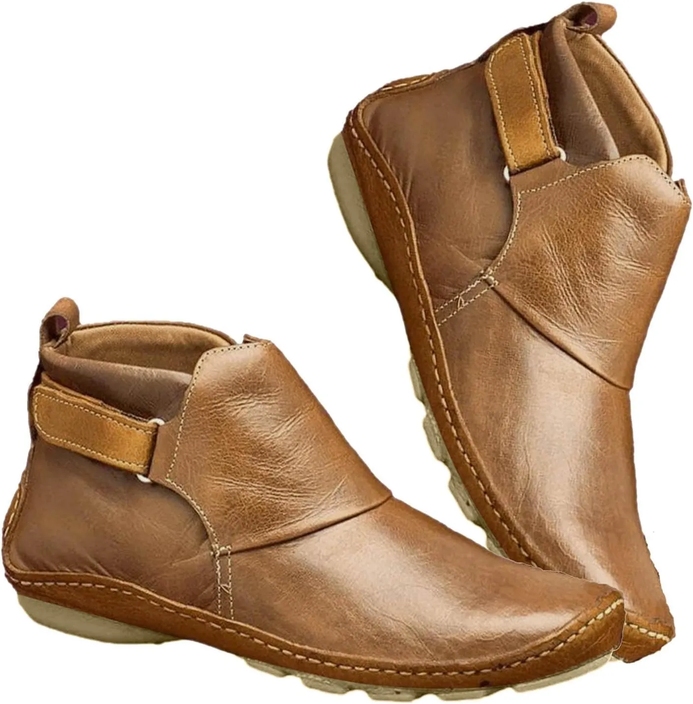 Women Vintage Ankle Boots Low Wedge Heel Booties Western Cowboy Short Boot Shoes PU Slip On Lug Sole Bootie