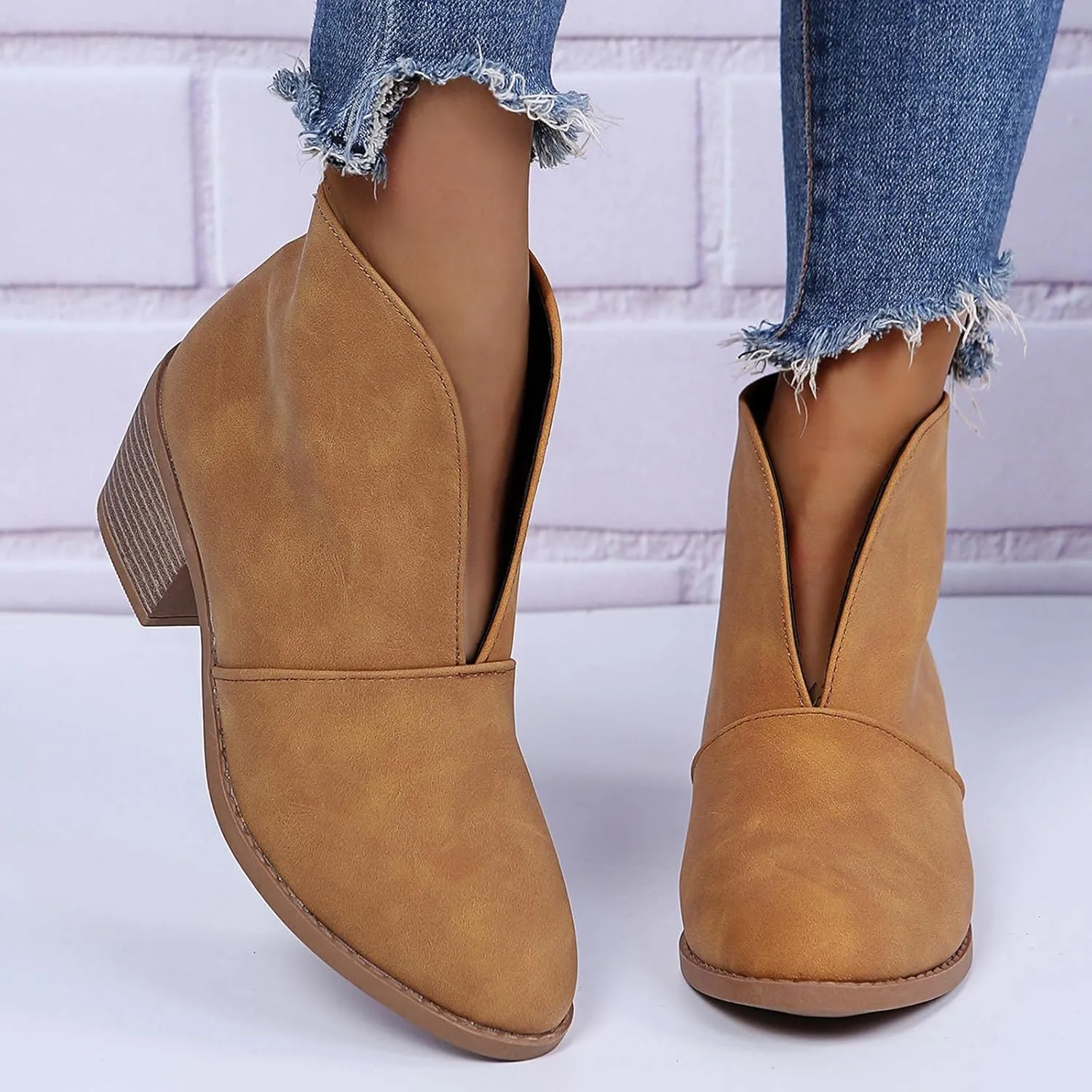 Womens Slip on Ankle Boots Vintage Pointed Toe V Cutout Stacked Chunky Mid Heel Booties Leopard Print Ladies Casual Comfy Block Heel Shoes