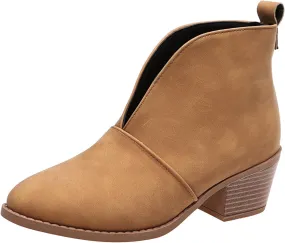 Womens Slip on Ankle Boots Vintage Pointed Toe V Cutout Stacked Chunky Mid Heel Booties Leopard Print Ladies Casual Comfy Block Heel Shoes