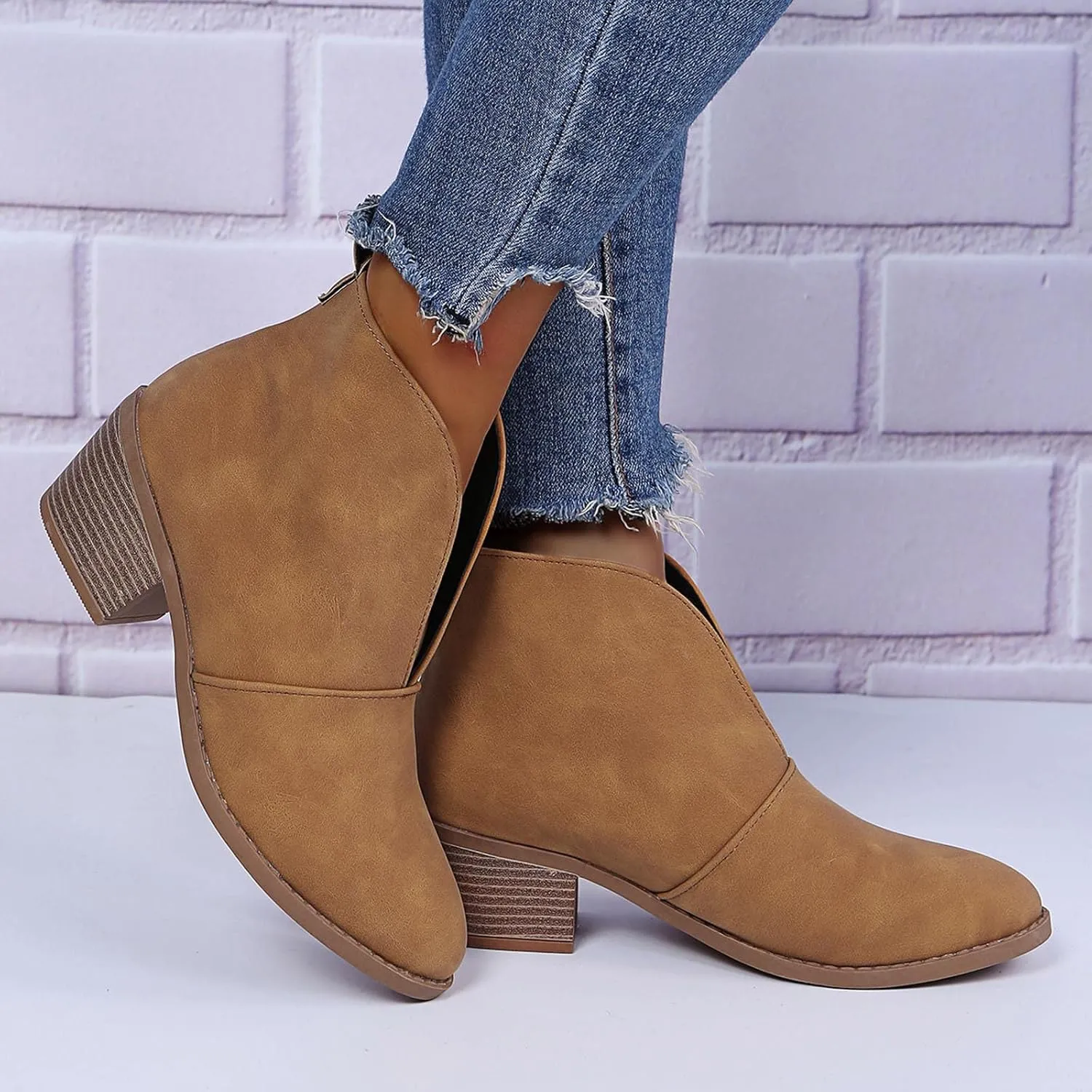Womens Slip on Ankle Boots Vintage Pointed Toe V Cutout Stacked Chunky Mid Heel Booties Leopard Print Ladies Casual Comfy Block Heel Shoes