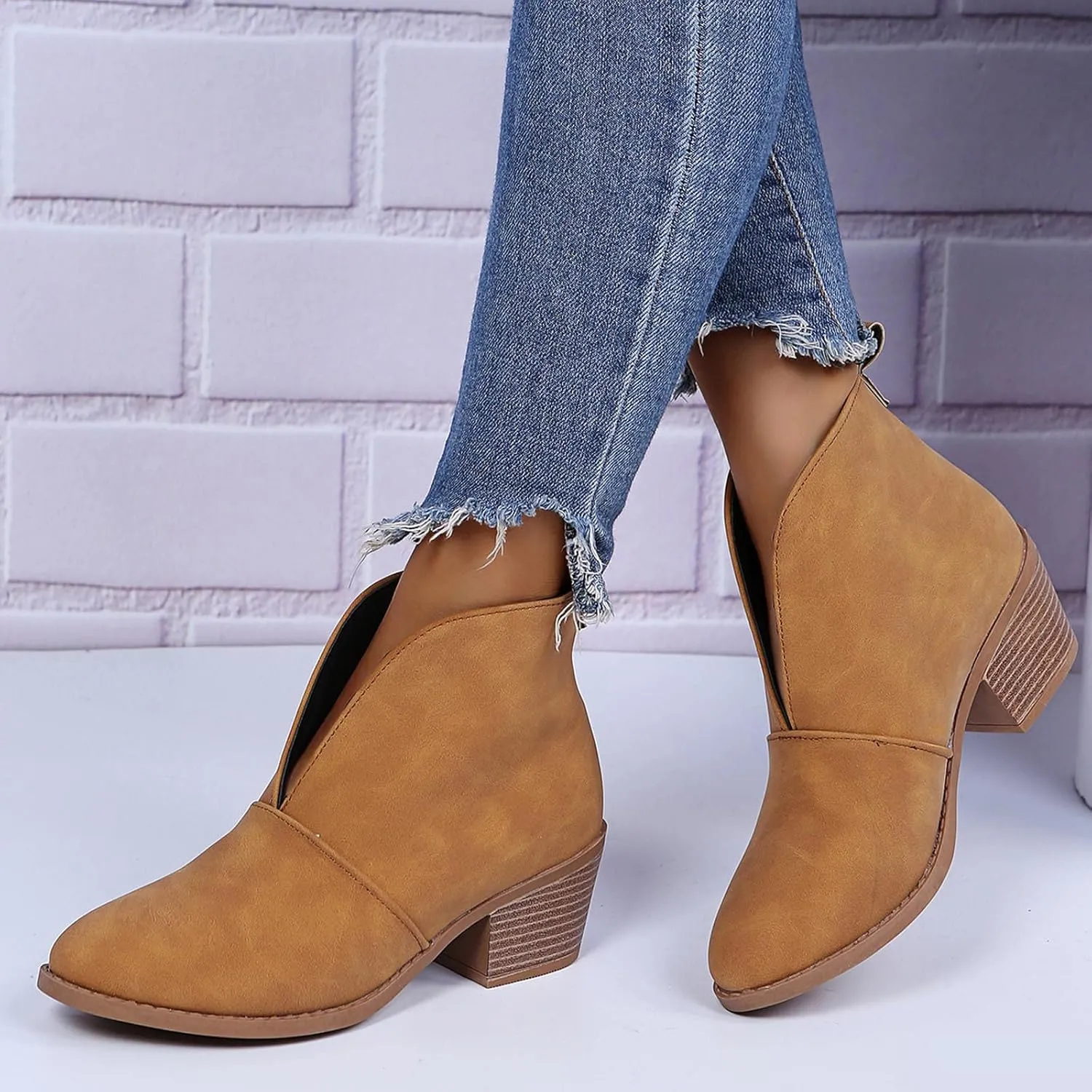 Womens Slip on Ankle Boots Vintage Pointed Toe V Cutout Stacked Chunky Mid Heel Booties Leopard Print Ladies Casual Comfy Block Heel Shoes