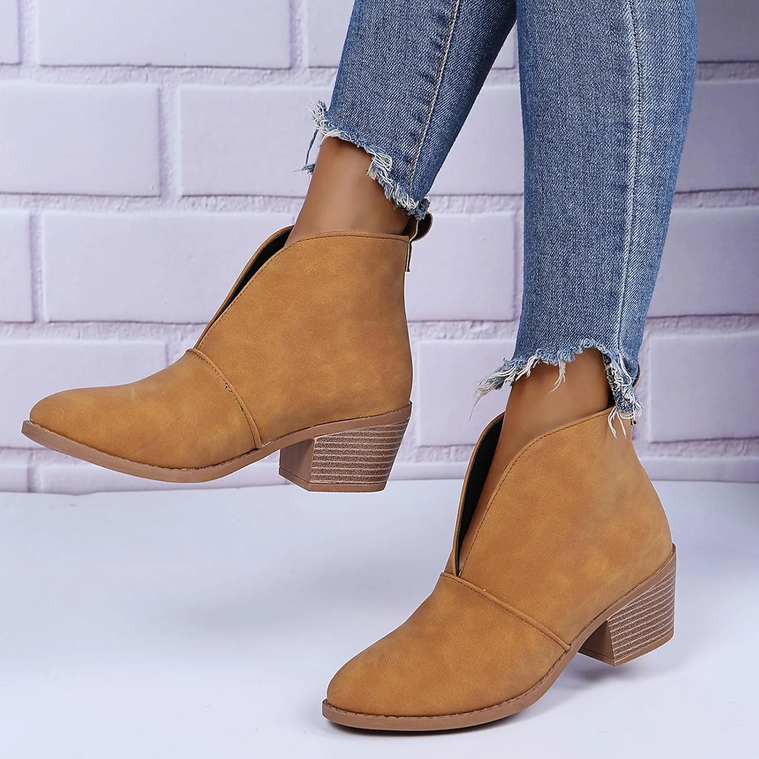Womens Slip on Ankle Boots Vintage Pointed Toe V Cutout Stacked Chunky Mid Heel Booties Leopard Print Ladies Casual Comfy Block Heel Shoes