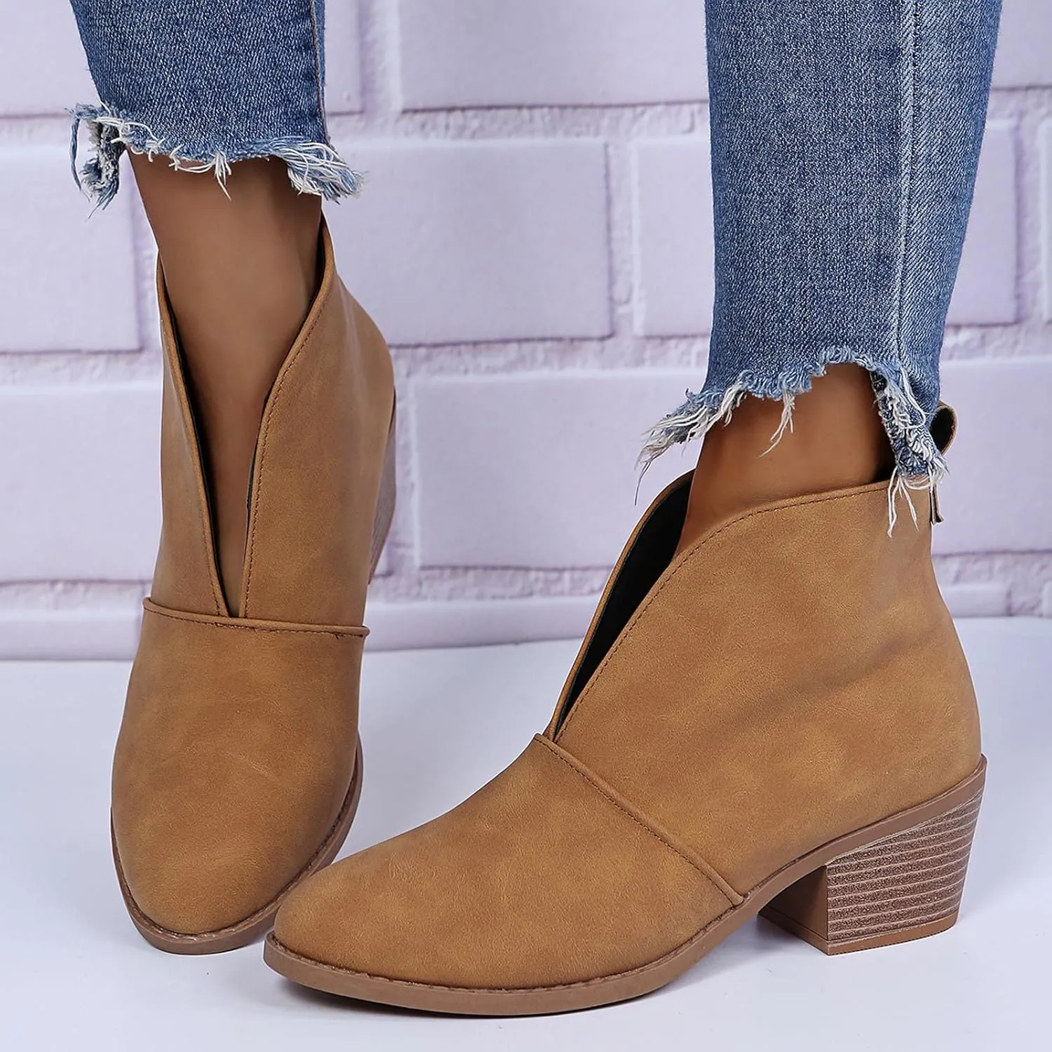 Womens Slip on Ankle Boots Vintage Pointed Toe V Cutout Stacked Chunky Mid Heel Booties Leopard Print Ladies Casual Comfy Block Heel Shoes