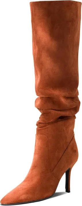 Women's Suede Slouchy Knee High Boots,Brown Stiletto High Boots Thigh High Boots, Knee High Pull On Boots of Women,Pointed Toe Mid Tall Boots Long boots