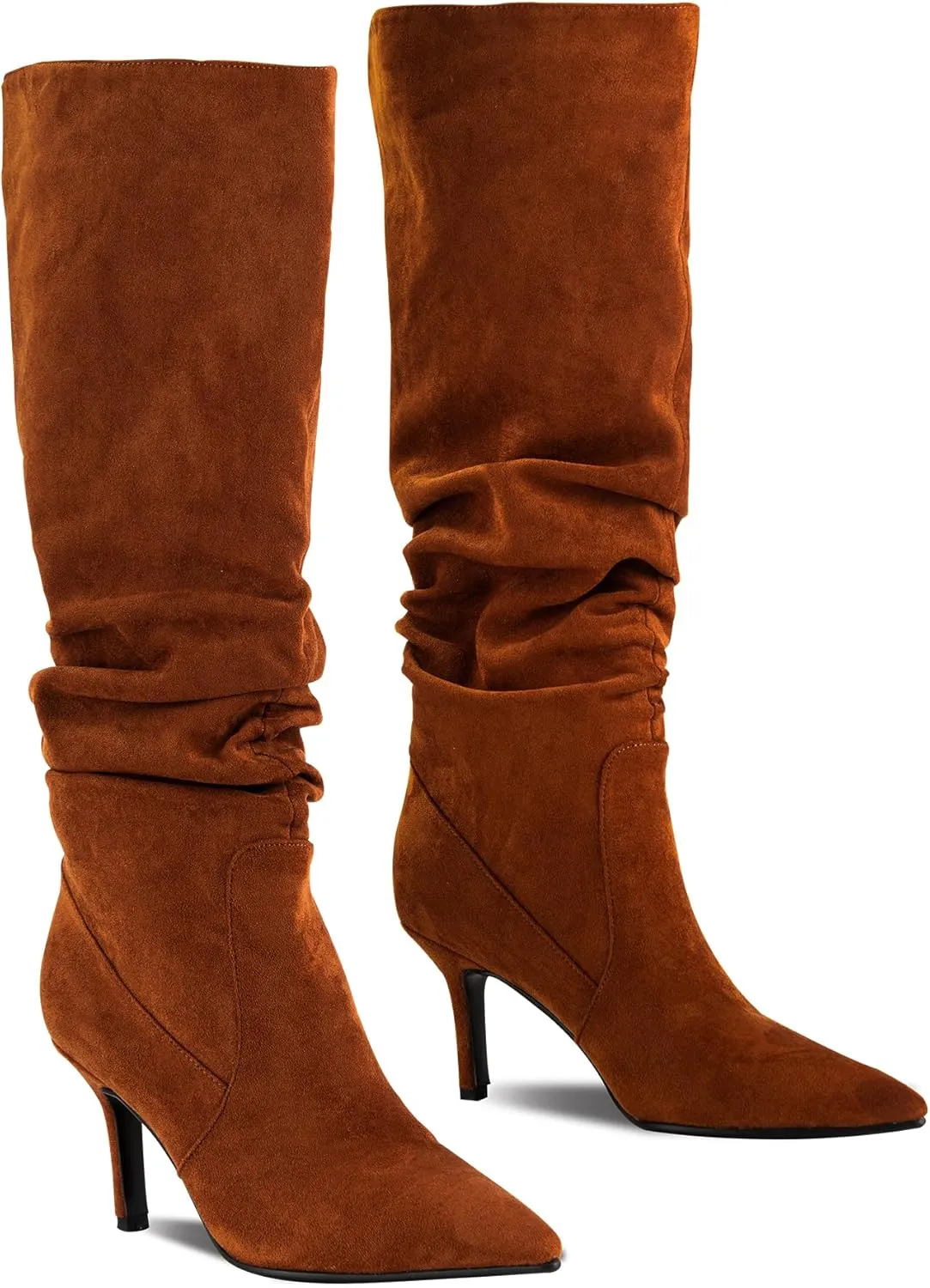 Women's Suede Slouchy Knee High Boots,Brown Stiletto High Boots Thigh High Boots, Knee High Pull On Boots of Women,Pointed Toe Mid Tall Boots Long boots