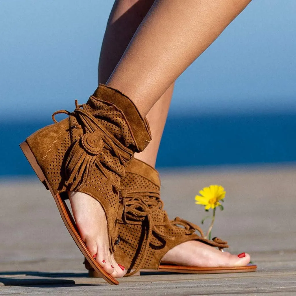 ZBYY Womens Suede Tassels Thong Flat Sandals Girls Gladiator Summer Bohemian Flip Flops Fringe Roman Beach Shoes
