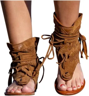 ZBYY Womens Suede Tassels Thong Flat Sandals Girls Gladiator Summer Bohemian Flip Flops Fringe Roman Beach Shoes
